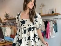 White Floral Printed Puffed sleeve Skater dress