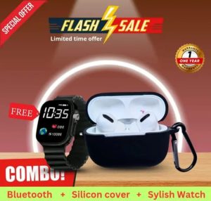 Airpod Pro with black protective Case cover True Wireless Bluetooth Earphones with 4 Hours of Playtime & Compatible for all Smartphones (White) with Stylish watch