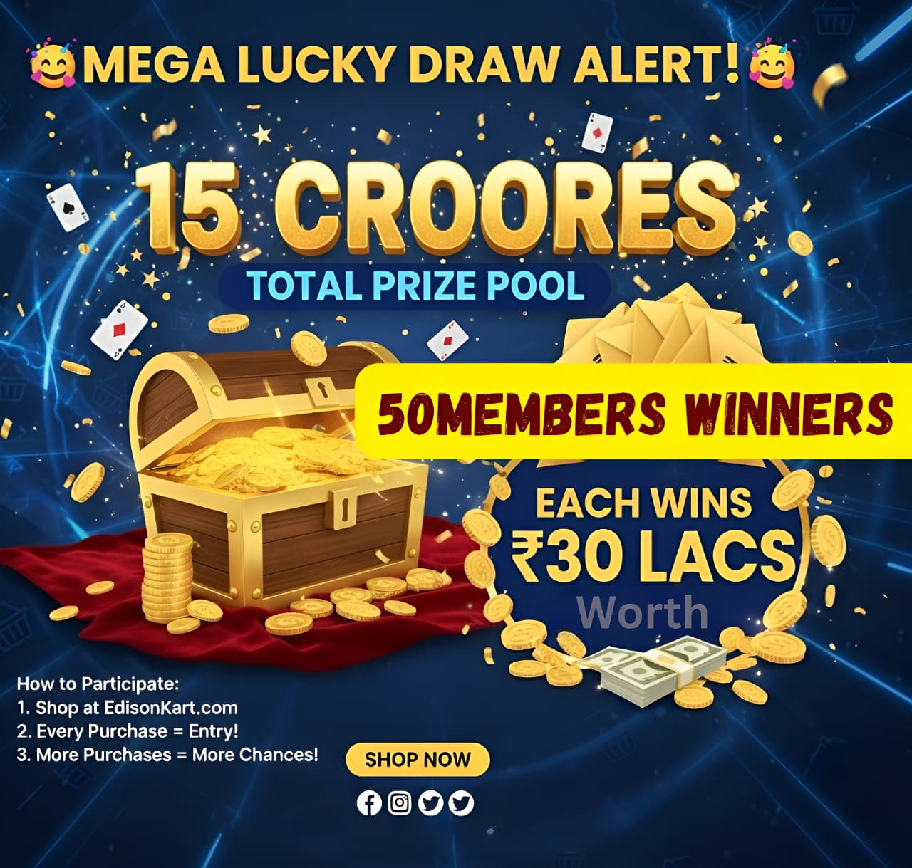 15 crore mega lucky draw/50 members winners each get 30lacs worth
