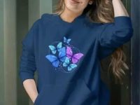 """""Women's Full Sleeve Graphic Butterfly Printed Hooded Sweatshirt"""""Blue