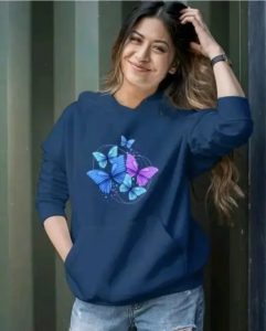 """""Women's Full Sleeve Graphic Butterfly Printed Hooded Sweatshirt"""""Blue