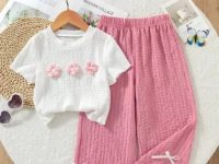 Girls summer outfit set Girls cotton top and pants Kids textured loungewear set Baby girl floral top set Girls casual wear combo Cute kids home wear dress Soft cotton kids clothing Pink pants girls set Girls 2-piece set summer Kids comfortable outfit